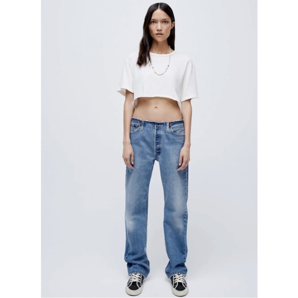 RE/DONE Raw Waist Low Slung Cool Medium Blue Straight Leg Jeans